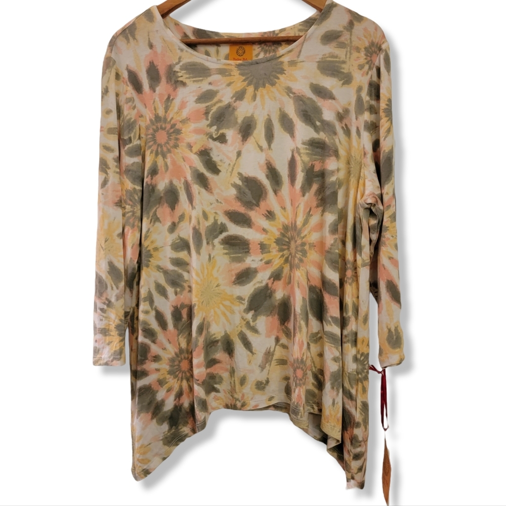 Ruby Rd. Long Sleeve Tie-Dye Floral Tunic in Beige, Olive & Peach - Picture 1 of 4